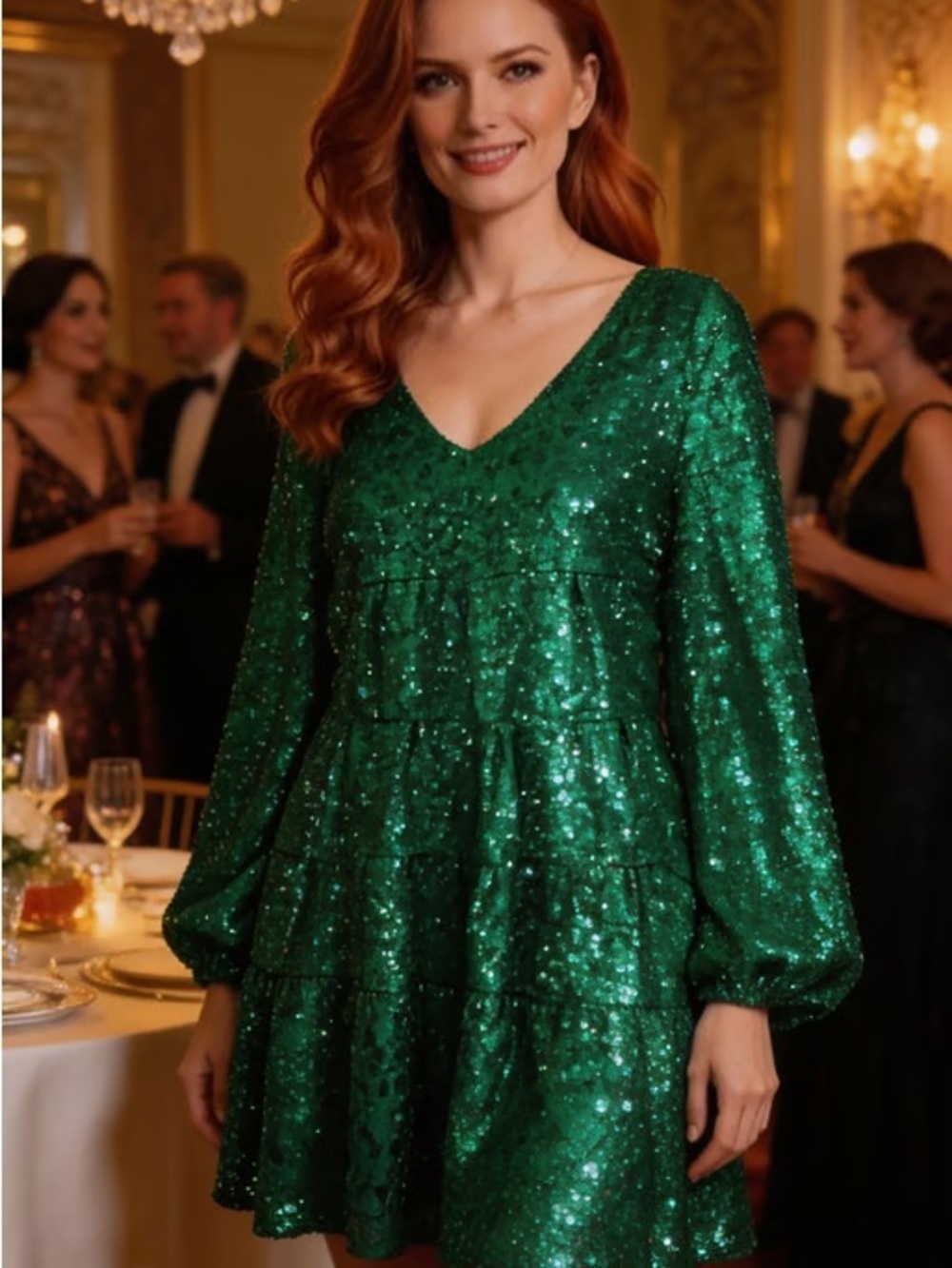 Green sequin babydoll dress with bell sleeves Size S #glamour